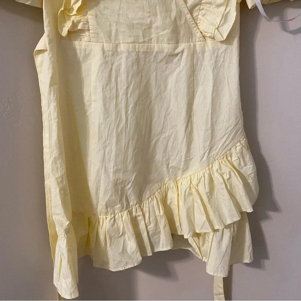 NWT Missguided Ruffle Wrap Poplin Puff Sleeve Plunging V-Neck Dress Lemon Yellow - Picture 7 of 11